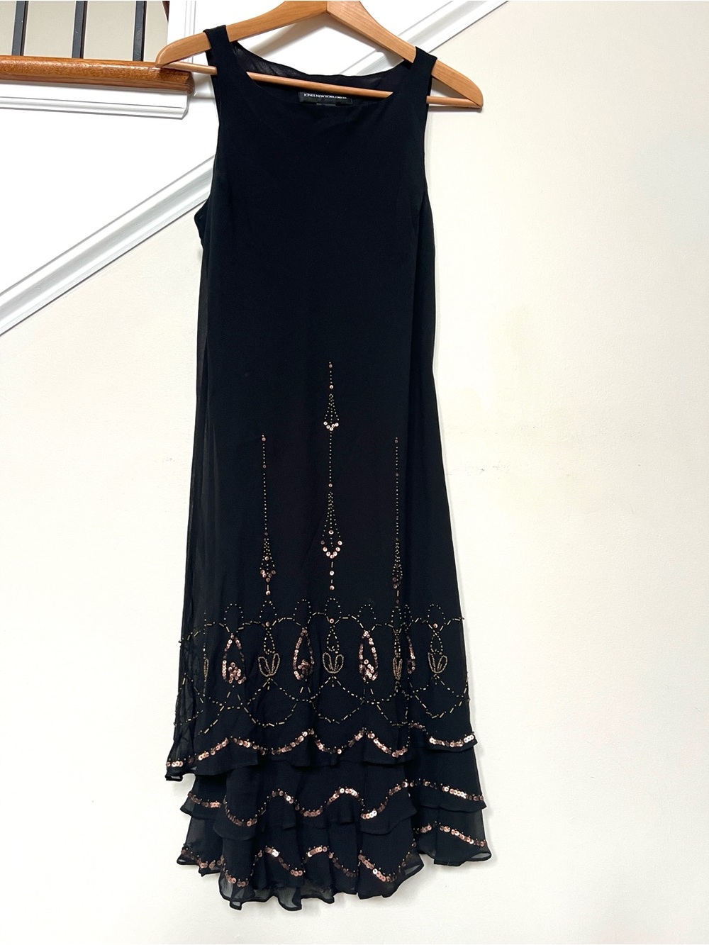 Jones New York vintage 1990s black silk dress beaded embroidery copper sequin 10